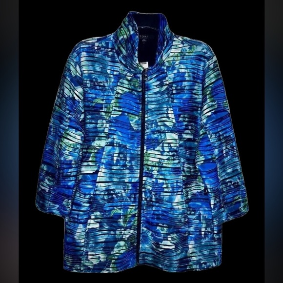Toni Morgan Size XL Jacket 3/4 Sleeves Blue/Green Crinkle Print - Picture 5 of 5